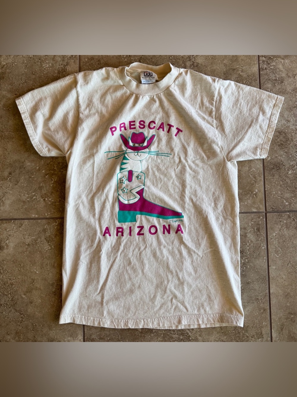 Vtg 1996 Prescott Arizona PRESCATT Cat Cowboy Boot T-Shirt Size M Lida 3D Studs